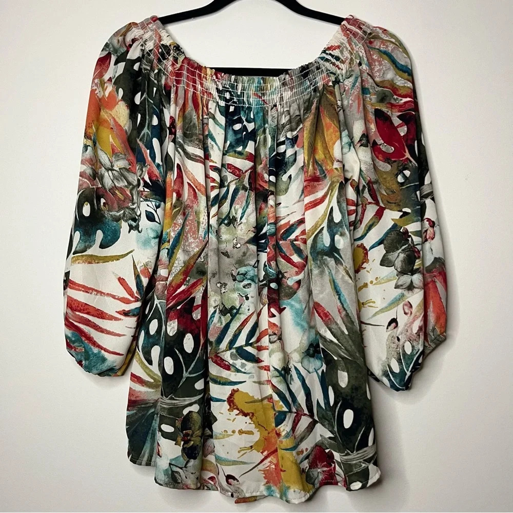 ARIELLA Boho Floral Colorful Lightweight Breezy Flowy Off Shoulder Top Blouse